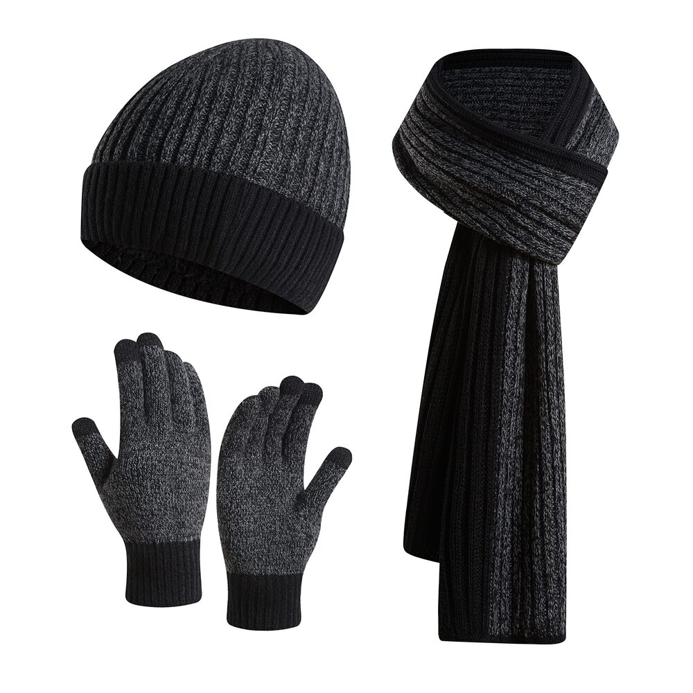 7608 Winter Knitted Beanie Hat Scarf & Touchscreen Gloves 3PCS Set Fleece